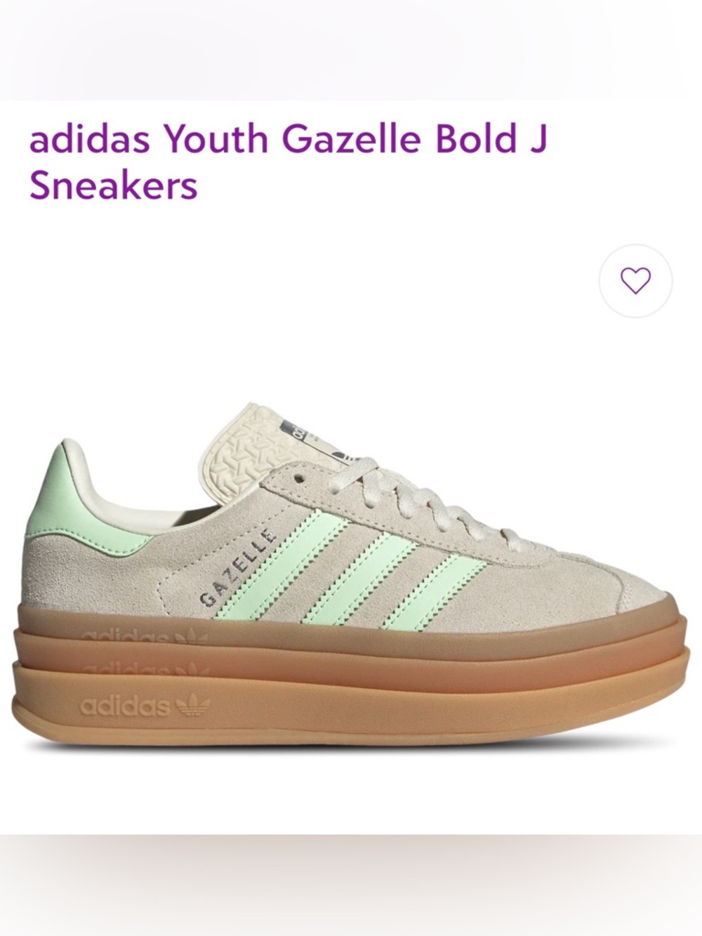 Adidas  Women’s Gazelle Bold Sneakers in Mint and Cream with Gum Sole